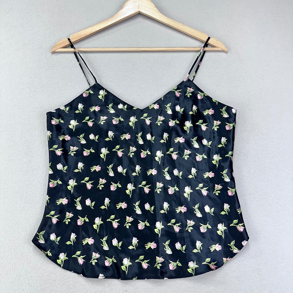 Vintage Y2K Satin Cami Tank Top Black Floral Feminine‎ Coquette Whimsigoth